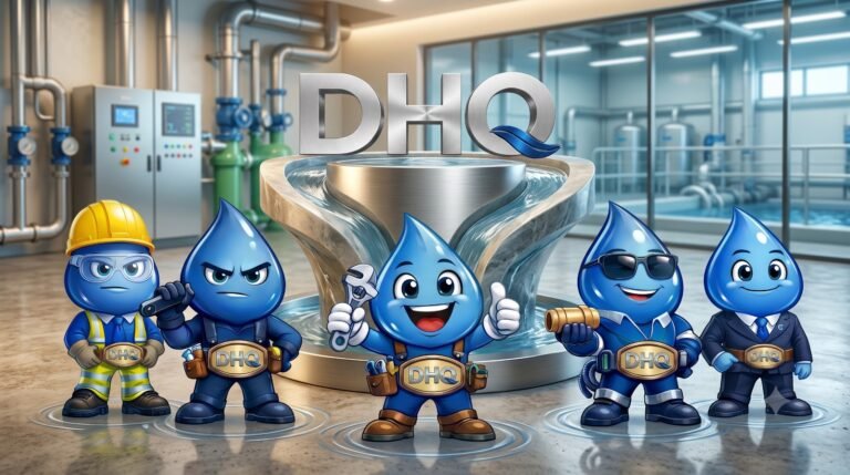 Personajes de gotas de agua que representan DHQ.
